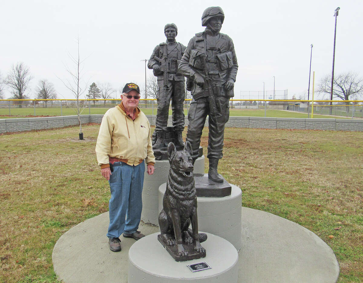 Tim Greenfield at the Freedom Fighters stone, which is part of the new field of Honor and Service at Tri-Township Park in Troy. Greenfield spearheaded the effort to design the veterans’ memorial, which was originally built in 1992.