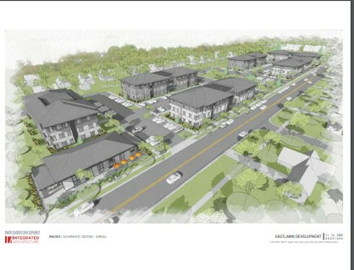 This is a drawing of the proposed planned unit development on the former site of Eastlawn Elementary School, with Eastlawn Drive in the foreground.