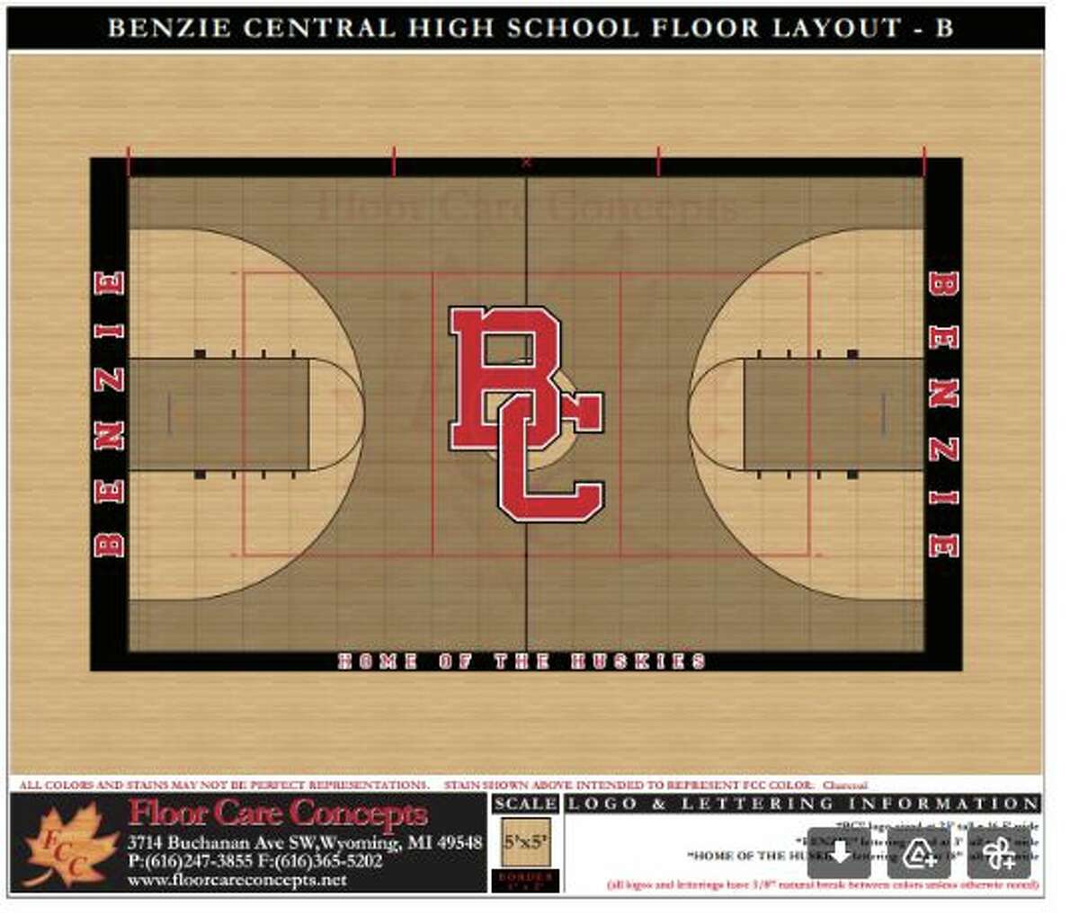 The design chosen for the new gym floor at Benzie Central High School features the "BC" logo centered in red and outlined in white. 