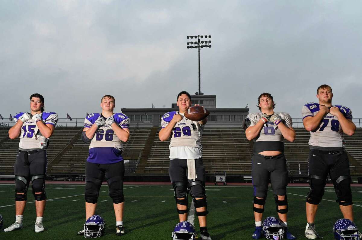 Boerne offensive linemen Sam Waters, Carson Williams, Jacob McLaughlin, Riley Mackrell, and Logan Schram pose for a portrait on Tuesday, December 13, 2022