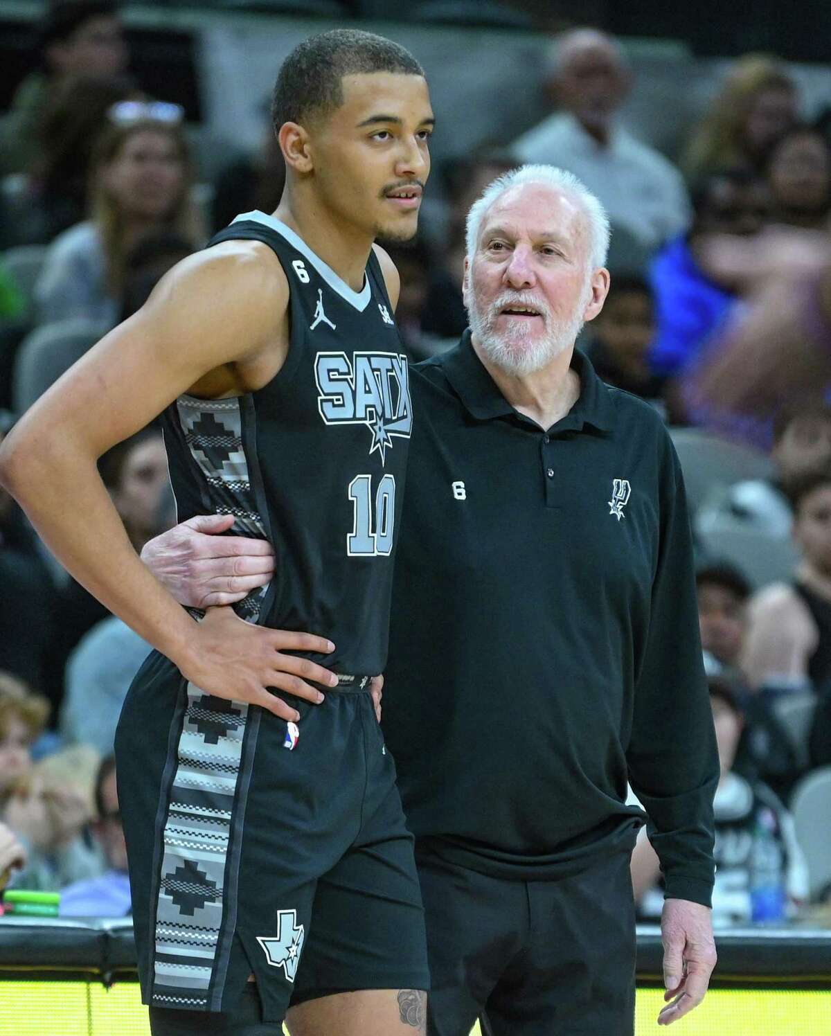 San Antonio Spurs coach speaks with forward Jeremy Sochan during a timeout of NBA action against Portland at the AT&T Center on Wednesday, Dec. 14, 2022.