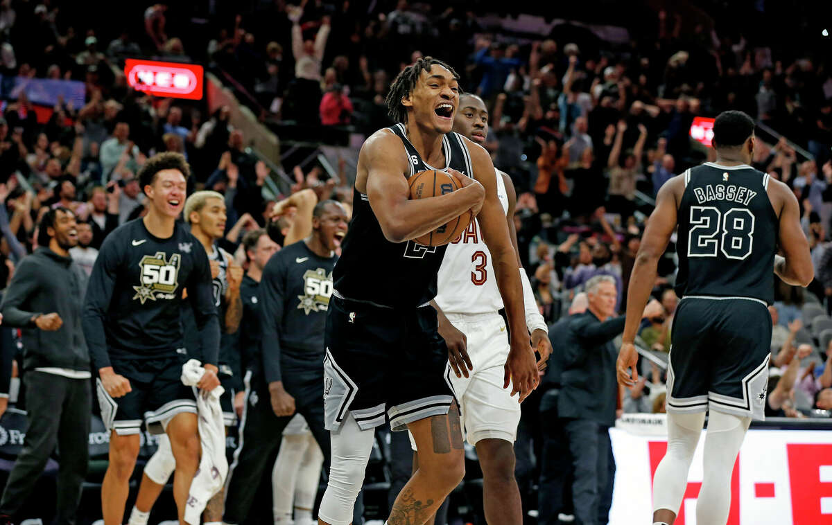 Devin Vassell #24 of the San Antonio Spurs reacts after they defeated the Cleveland Cavaliers at AT&T Center on December 12, 2022 in San Antonio, Texas.