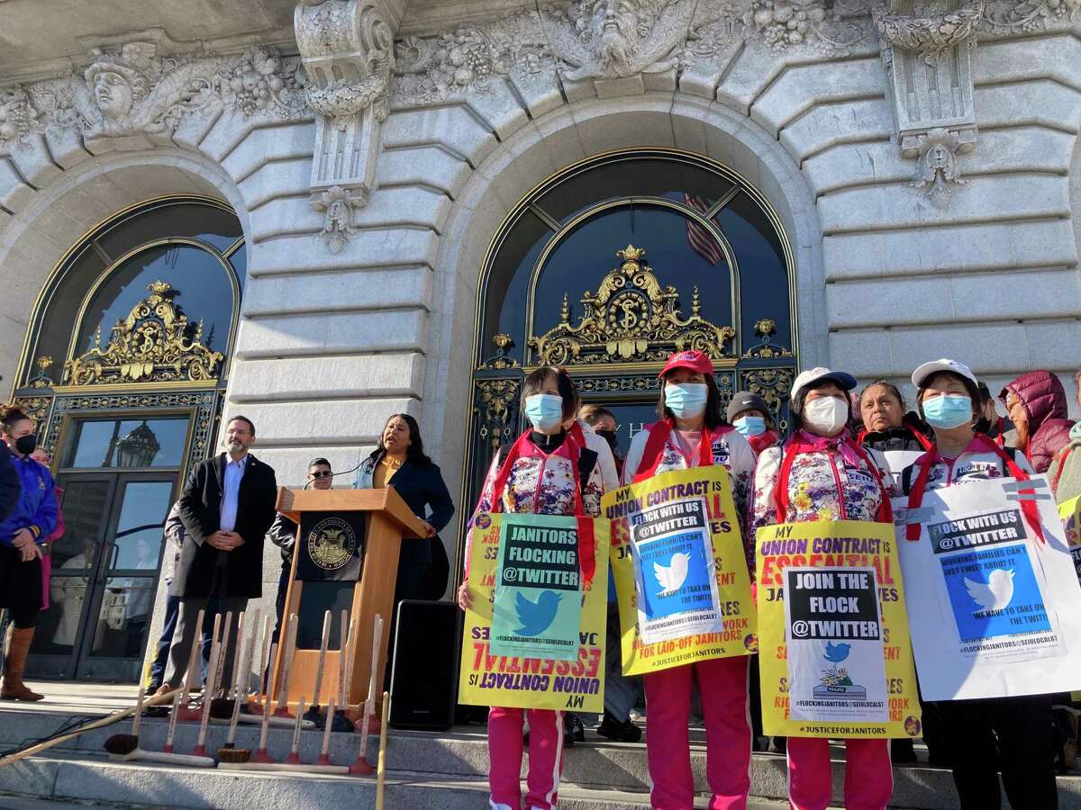 San Francisco Mayor London Breed speaks in support of janitors who were fired from their jobs at Twitter.