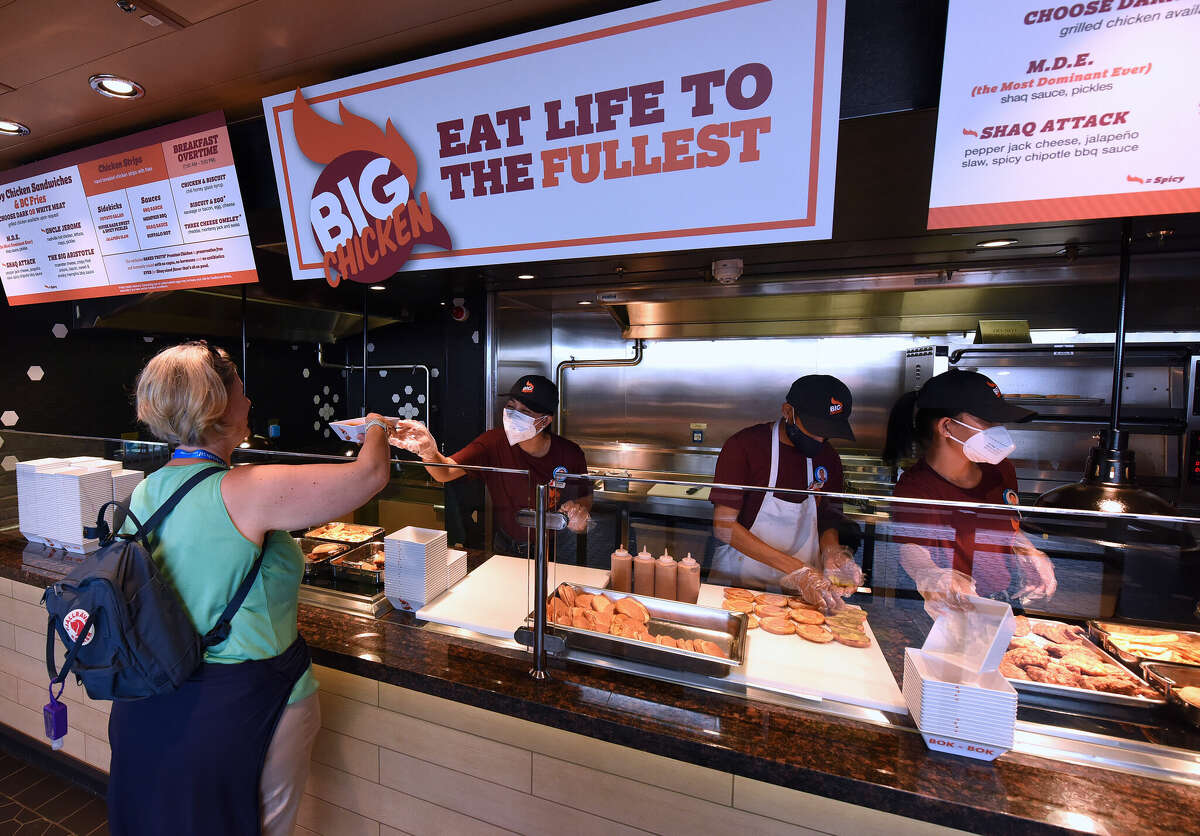 The Big Chicken restaurant on Carnival Cruise Line ship Mardi Gras is seen during a preview for travel agents and media on July 30, 2021. The restaurant was created by Shaquille O'Neal and can also be found on the Carnival ships Celebration, Jubilee and Radiance.
