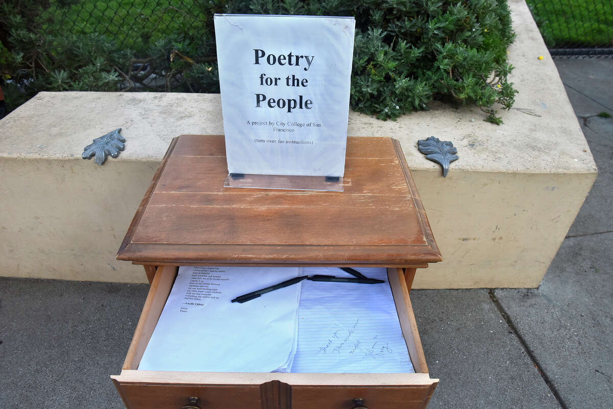 The Poetry for the People nightstand encourages people to take and/or leave a poem, as seen at Upper Noe Valley Recreation Center on Dec. 15.