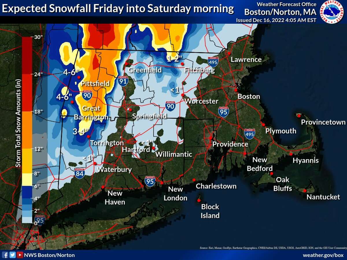 Snow expected to fall in Connecticut and Massachusetts Friday and Saturday as a winter storm sweeps through the region. Most parts of Connecticut will continue to see rain, though snow is falling in the northwest part of the state at higher elevations.