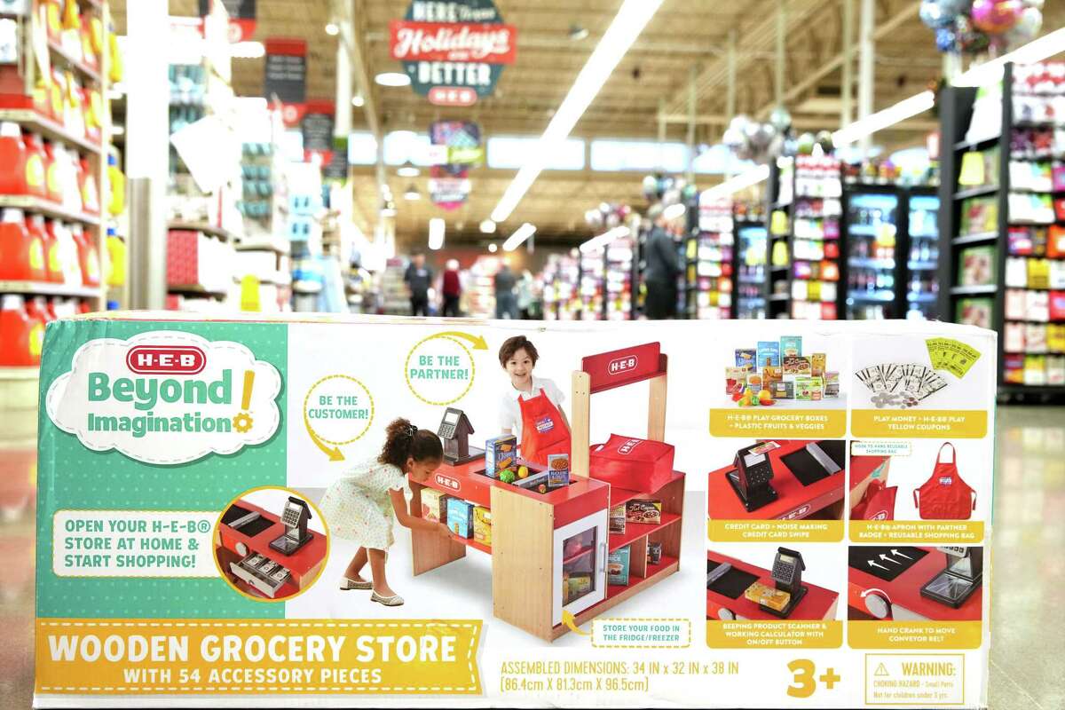 An HEB wooden grocery store set is one of the holiday gift items available at the HEB Bunker Hill location.