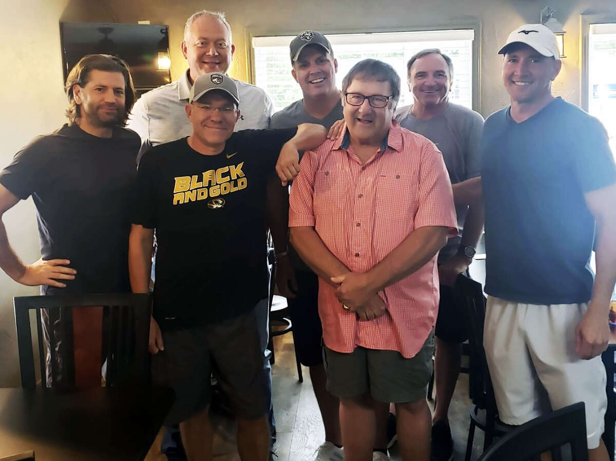 Former Staunton head basketball coach Randy Legendre with some of his former SHS basketball players at a 2022 Cardinals game in St. Louis. Front from left: Brad Best and Legendre. Back from left: Matt Popovic, Kevin Meyer, Brad Skertich, Dave Lamore, Ron Hampton.