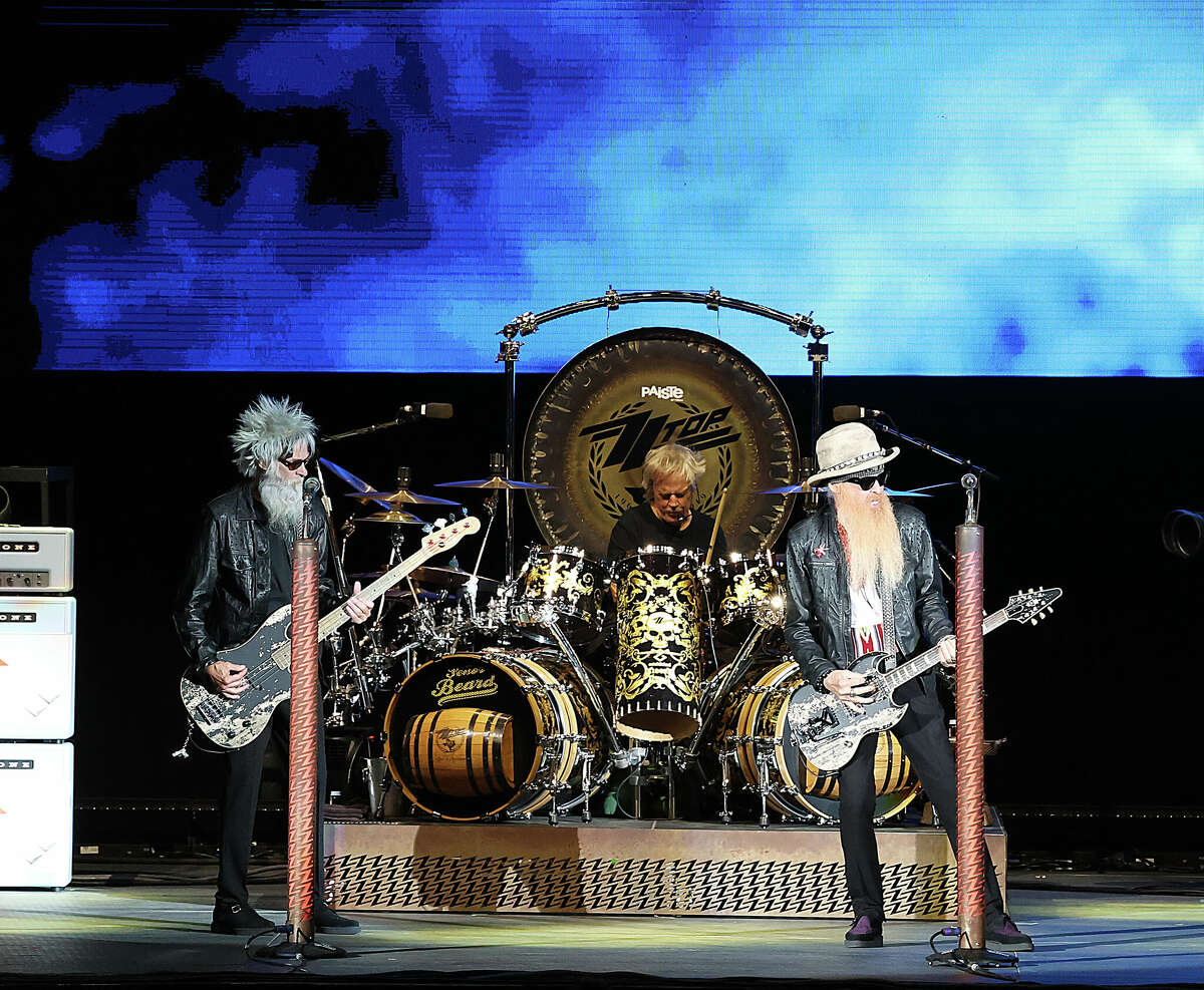 AUSTIN, TEXAS - SEPTEMBER 23: (L-R) Elwood Francis, Frank Beard, and Billy Gibbons of ZZ Top perform in concert at Germania Insurance Amphitheater on September 23, 2022 in Austin, Texas. (Photo by Gary Miller/Getty Images)
