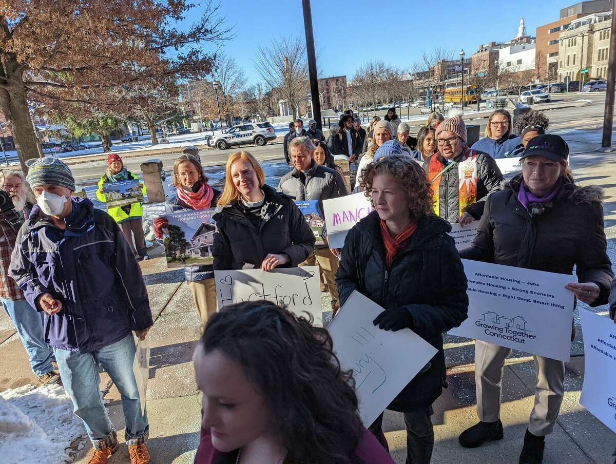 A procession of organizations asking the state to do more to increase the construction of housing in the state files into the state Capitol complex.