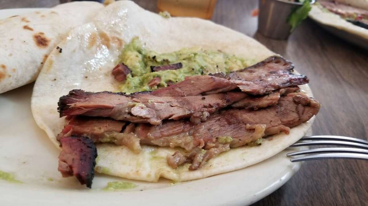 The infamous brisket taco with guacamole at Garcia’s Mexican Food in San Antonio.