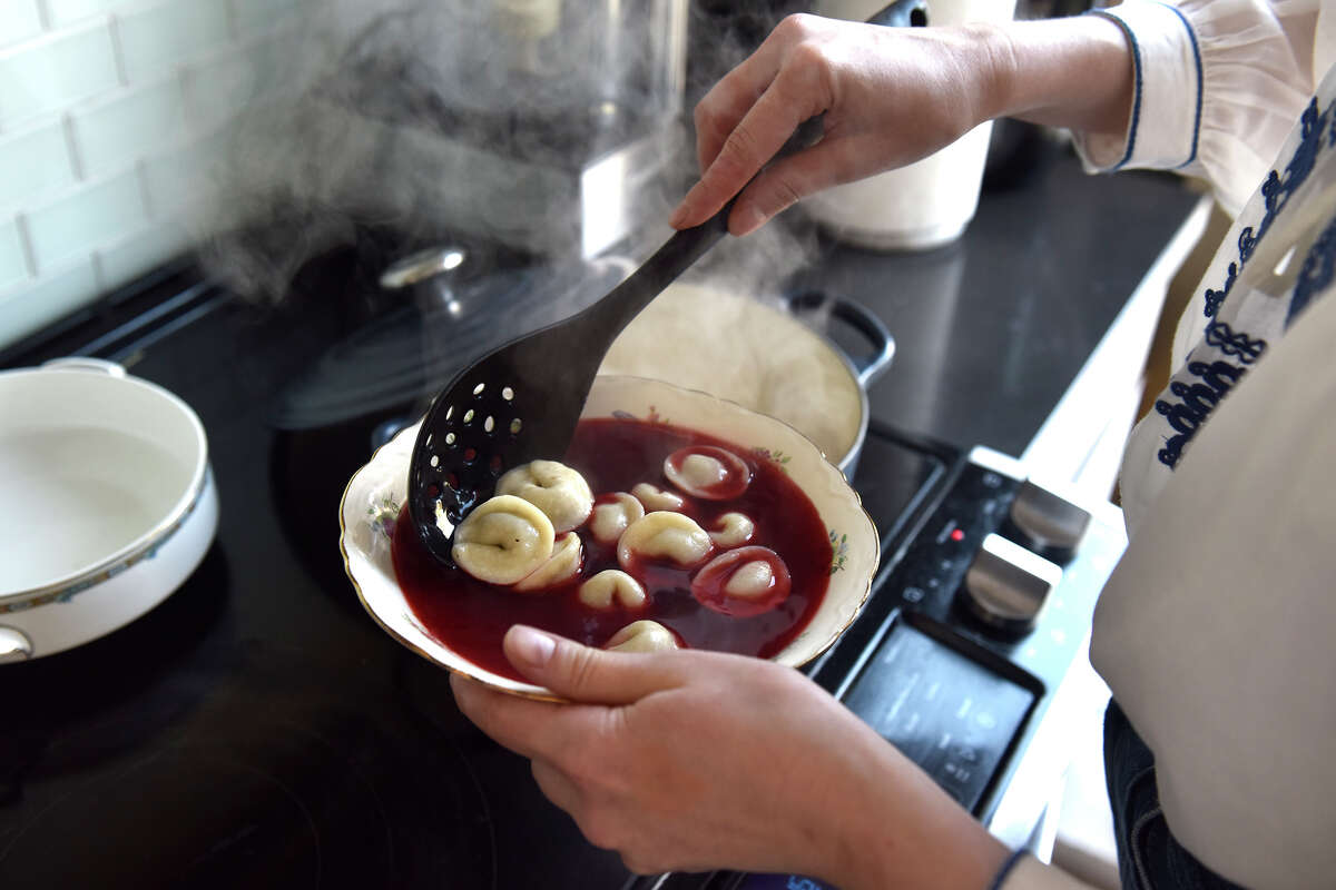 Chef Anna Voloshnya's mushroom dumplings in borscht.