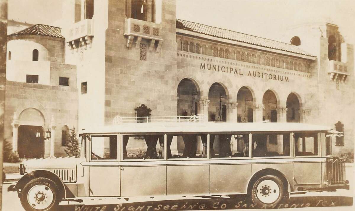 “Five Flags Furled,” a locally written play about Texas history, was presented Nov. 2, 1931, in Municipal Auditorium (now the Tobin Center) for delegates to the Order of the Eastern Star convention and members of other Masonic organizations. The auditorium, shown with a tour bus in this undated postcard, was completed in 1926 as a memorial to American soldiers who died in World War I.
