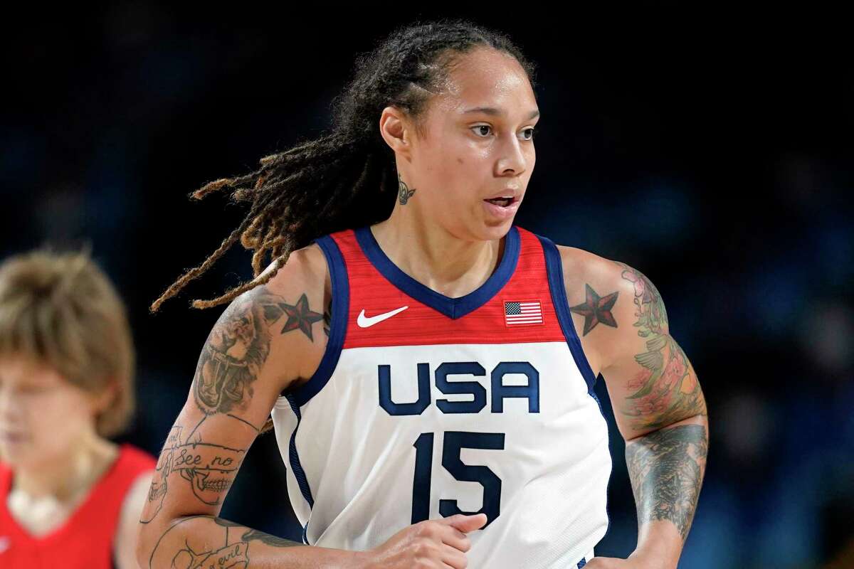 FILE - Brittney Griner (15) runs up court during the women's basketball gold medal game against Japan at the 2020 Summer Olympics on Aug. 8, 2021, in Saitama, Japan. The return of Brittney Griner to the United States in a dramatic prisoner swap with Russia marked the culmination of a 10-month ordeal that captivated world attention, a saga that landed at the intersection of sports, politics, race and gender identity — and wartime diplomacy. (AP Photo/Charlie Neibergall, File)