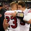 San Francisco 49ers running back Christian McCaffrey (23) celebrates with quarterback Brock Purdy after an NFL football game against the Seattle Seahawks in Seattle, Thursday, Dec. 15, 2022. (AP Photo/Marcio Jose Sanchez)