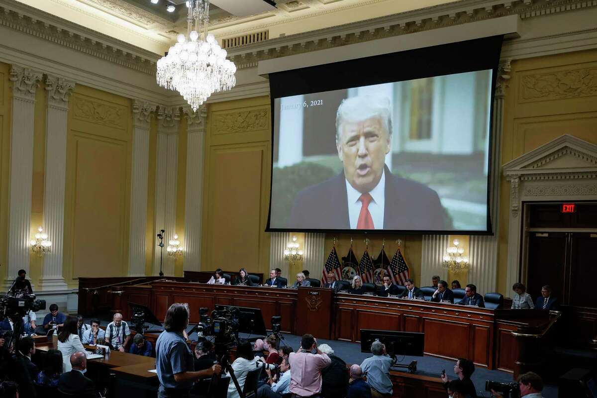 FILE PHOTO — WASHINGTON, DC - JUNE 28: A video of former President Donald Trump is played as Cassidy Hutchinson, a top former aide to Trump White House Chief of Staff Mark Meadows, testifies during the sixth hearing by the House Select Committee to Investigate the January 6th Attack on the U.S. Capitol in the Cannon House Office Building on June 28, 2022 in Washington, DC.