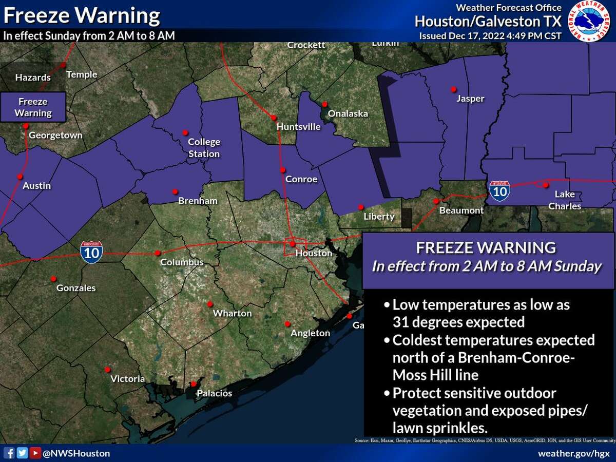 Areas north of Houston are under a freeze warning from 2 a.m. through 8 a.m. Sunday