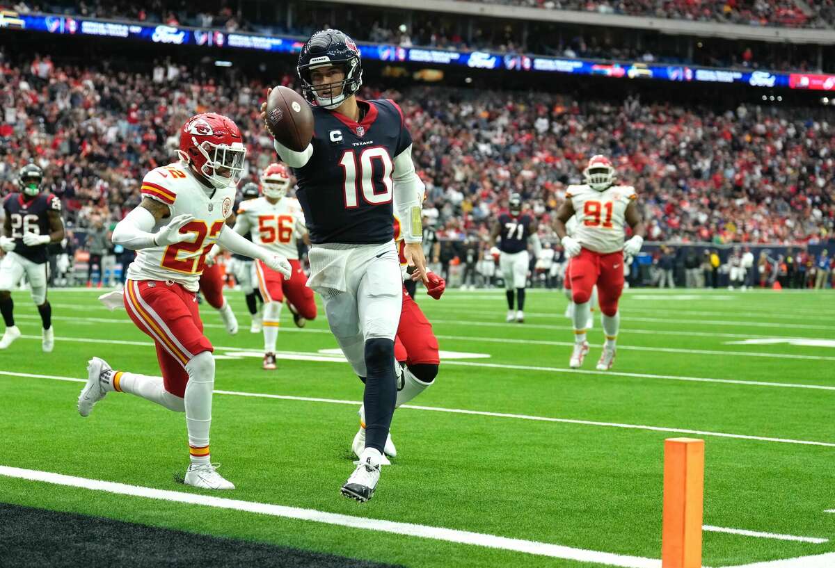 Texans QB Davis Mills finds his way to the endzone during Sunday's game against the Chiefs at NRG Stadium on Dec. 18, 2022. 