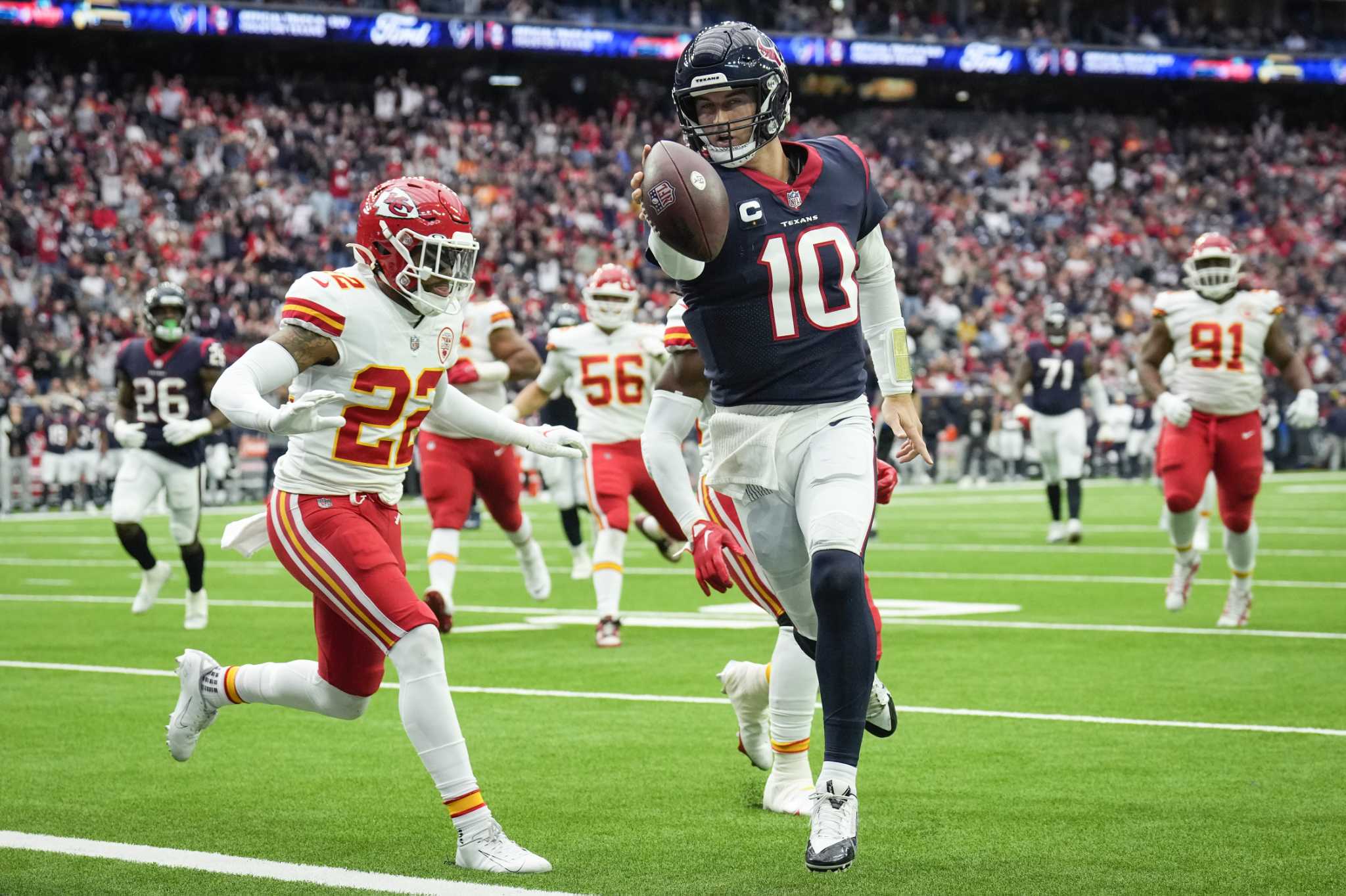 Houston Texans quarterback Davis Mills (10) calls signals during the second  quarter of the NFL Football Game between the Tennessee Titans and the  Houston Texans on Sunday, October 30, 2022, at NRG