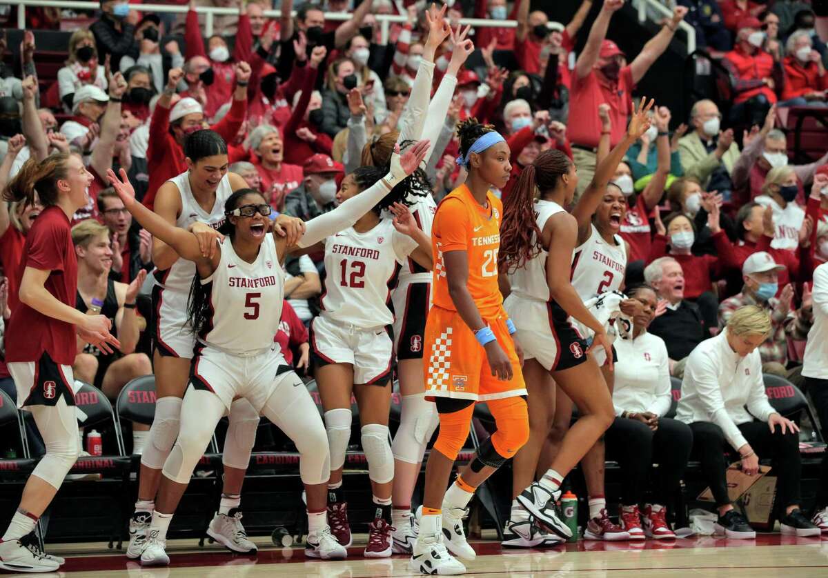 The Stanford bench reacts to a 3-pointer late in the game as the Stanford women’s basketball team played the Tennessee Volunteers at Stanford, Calif., on Sunday, December 18, 2022. The Cardinal defeated the Vols 77-70.