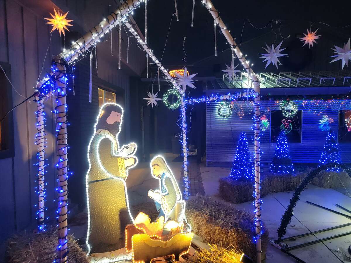A manger scene is just one of the many parts of the lighted Christmas display in downtown Beulah. 