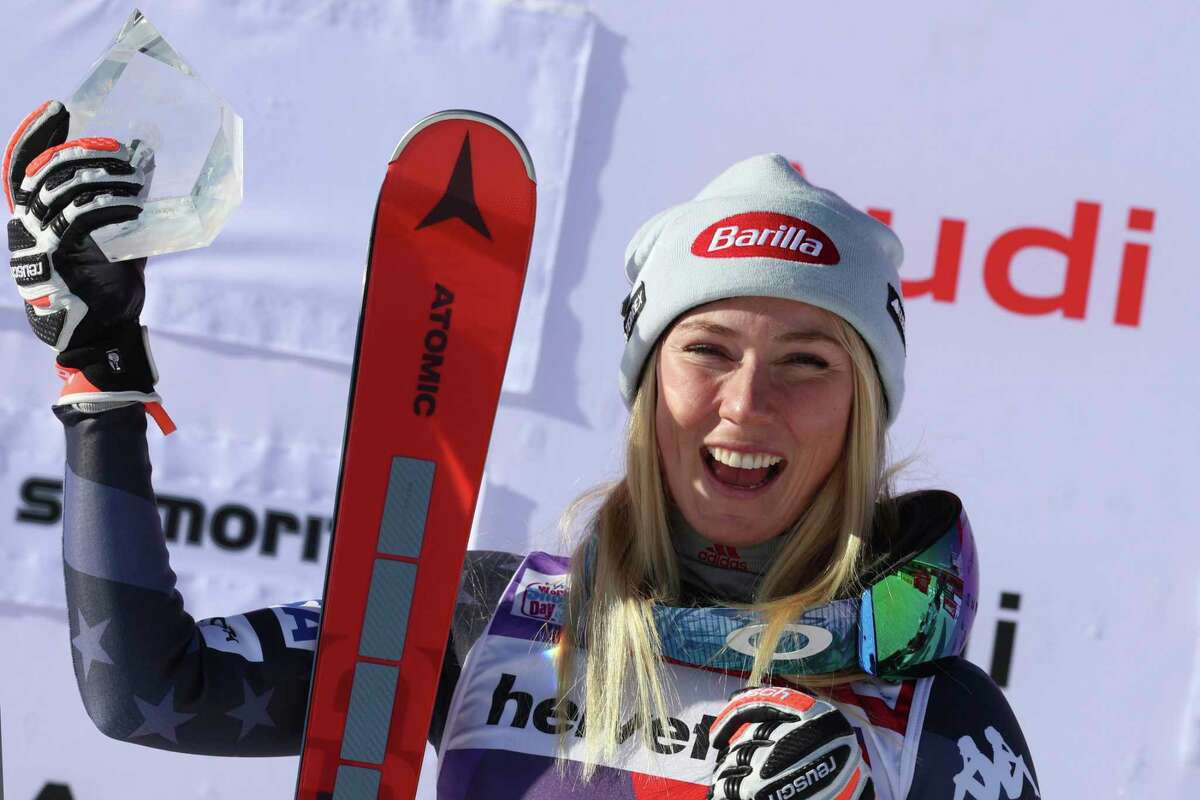 Mikaela Shiffrin of the U.S. celebrates her super-G win, after finishing 4th and 6th in two downhills in the previous days.