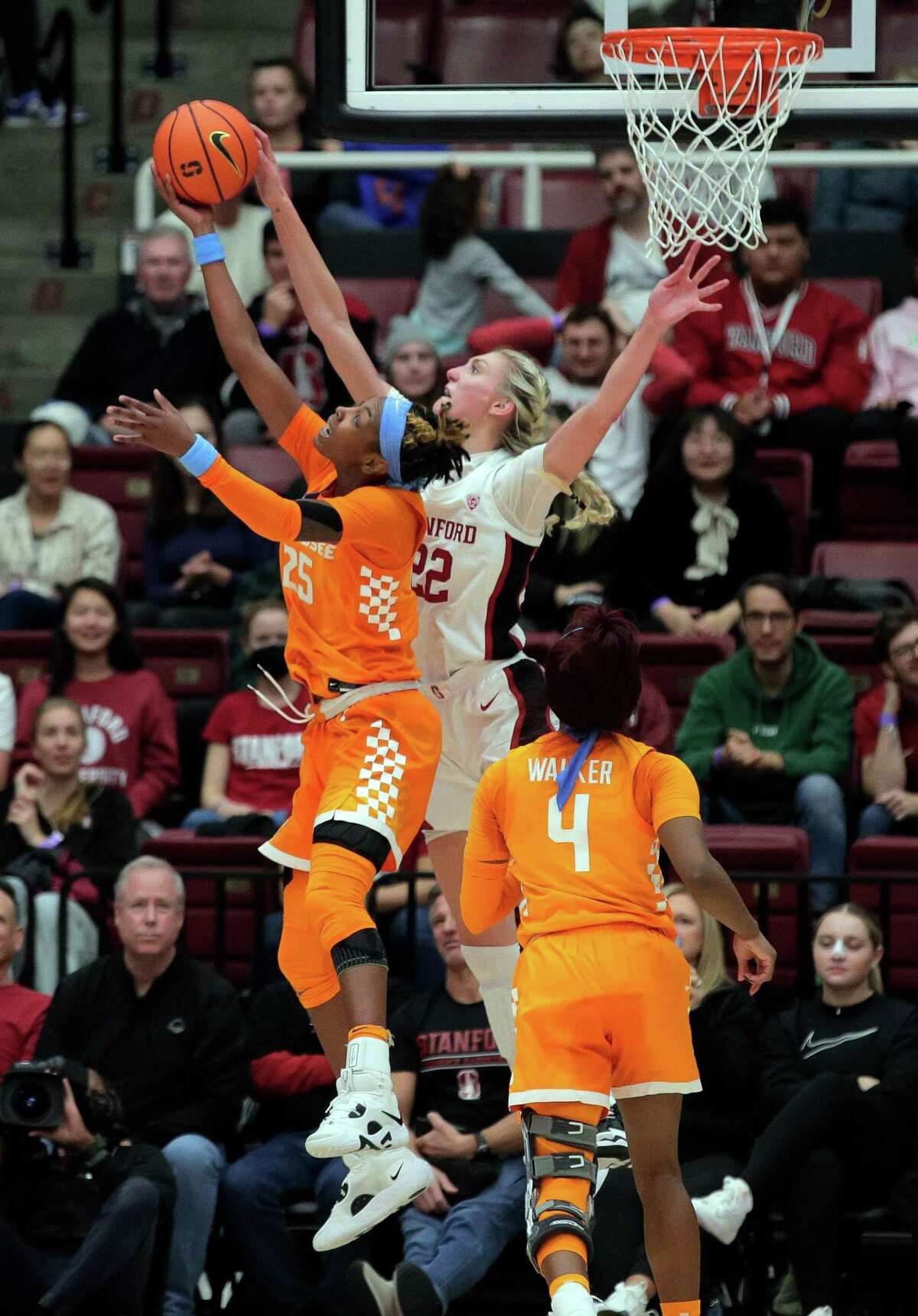 Stanford’s Cameron Brink blocks a shot by Jordan Horston of Tennesse in the second half. Brink had six blocks in the game at Maples Pavilion.