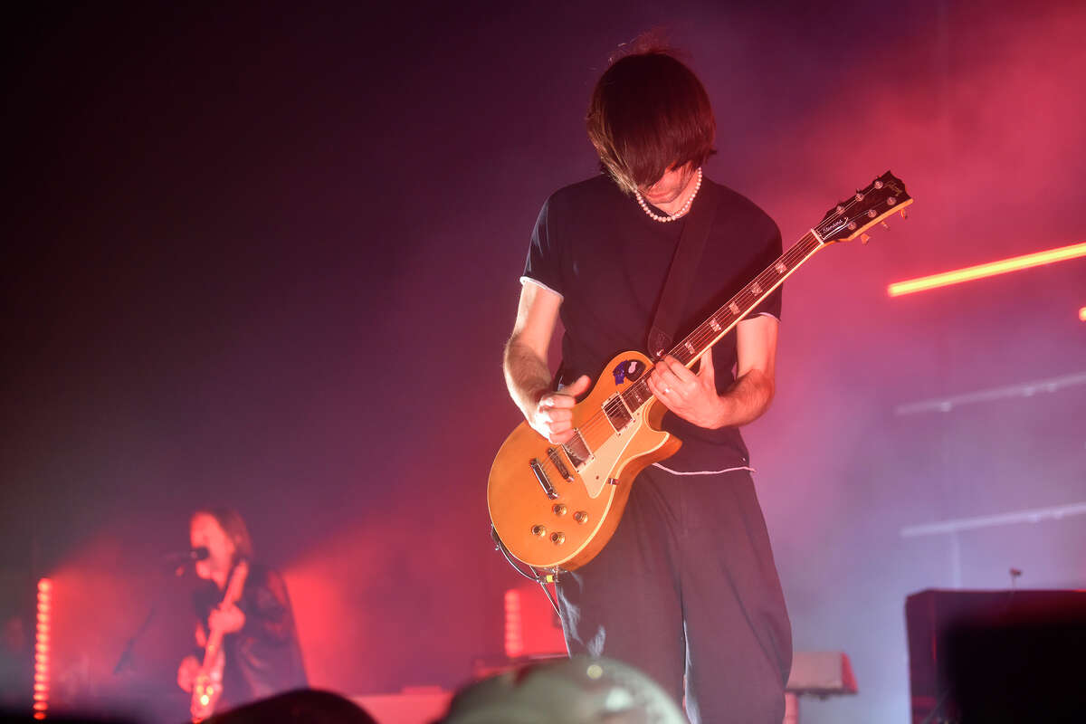 Jonny Greenwood, right, and fellow Radiohead alum Thom Yorke perform in their latest band, The Smile, at the Bill Graham Civic Auditorium in San Francisco, on Sunday, Dec. 18, 2022.