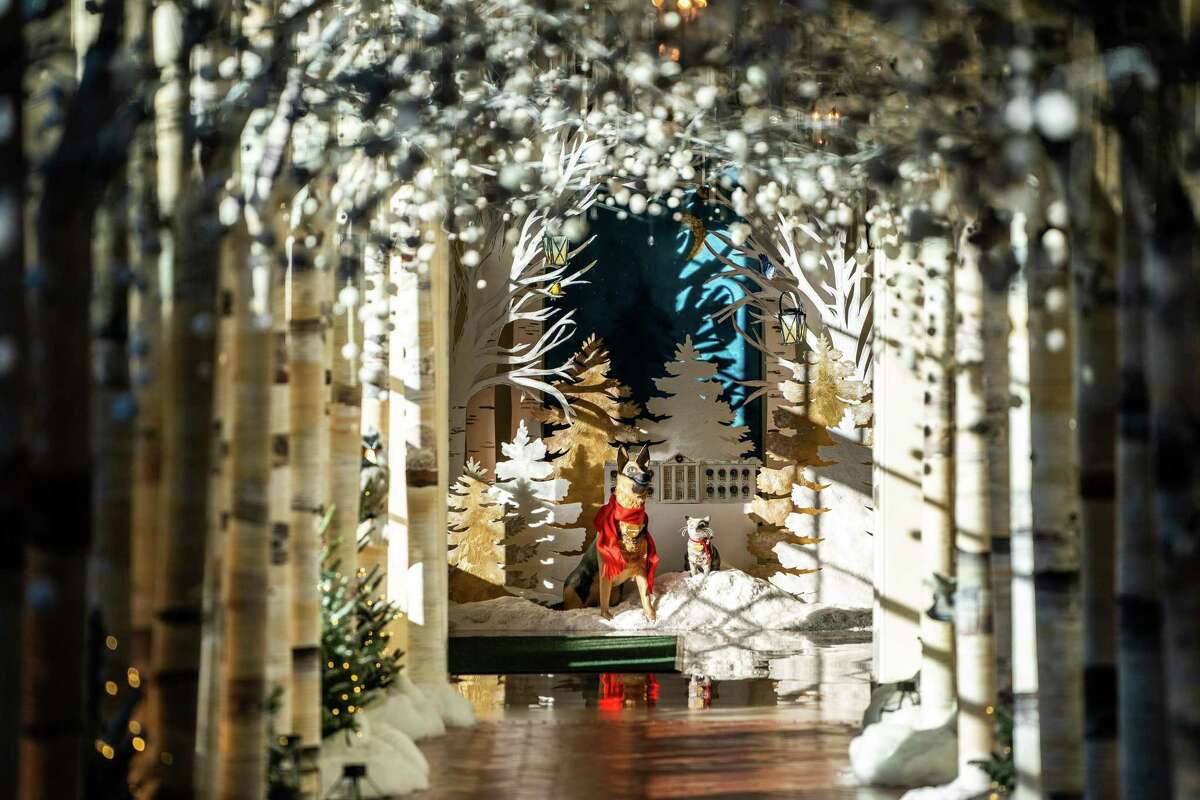 The East Colonnade is decorated to look like a wintry birch forest. MUST CREDIT: Washington Post photo by Demetrius Freeman