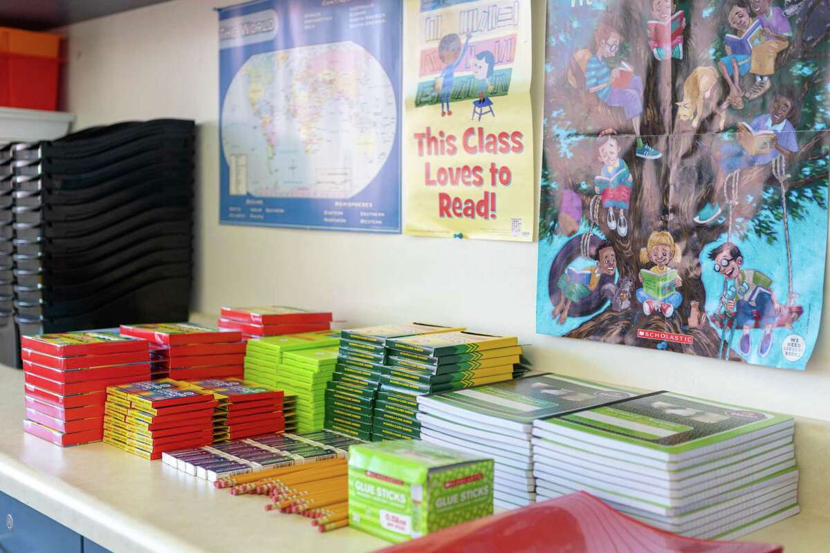 School supplies sit on a table in a classroom at Lincoln Elementary School on Friday, August 5, 2022, in Oakland, Calif.