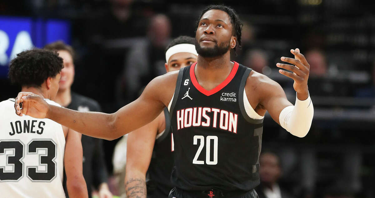 Houston Rockets forward Bruno Fernando (20) reacts to a travel call against him in the second half at the Toyota Center on Monday, Dec. 19, 2022 in Houston. San Antonio Spurs won the game 124-105.