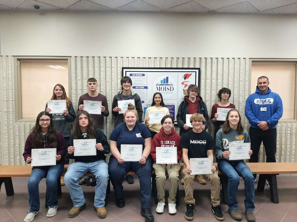 PM group outstanding students: Front row left to right:  Kameryn Morgan – CsIT, Vaughn Cook – Diesel Technology, Emma Powell – EMT, Tuesday Eichenberg – Graphics/Printing, Ian Hilliard – Public Safety, Kaitlin Buys – Welding. Back row left to right: Natalie Karel – Allied Health, Kash Davis – Manufacturing, Nathan Trevino – Automotive, Lucy Holt – CNA, Payton Stevens – Construction, Olivia Farrington – Culinary Arts, Caleb Martz - Principal. Not Pictured:  Mackenzie Yeakey –  Cosmetology.   
