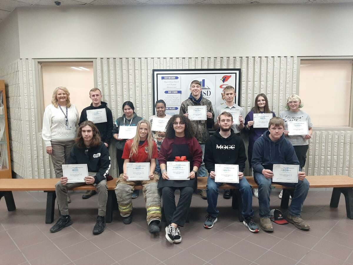 AM group outstanding students: Front row left to right:  Alden Goltz – Construction, Meredith Heethuis – Fire Science, Kennedy Parrish – Graphics/Printing, Stephen Petty – Public Safety, Hunter Witbeck - Welding. Back row left to right: Gretchen Spedowske – Asst. Superintendent of CTE, Jackson Heethuis – Manufacturing, Kaylee Lowrie – Automotive, Aiyanna Cobb – CNA, Preston Wallace – Construction Trades, William Monroe – Corrections, Kaylee Male – Cosmetology, Paige Hagadus – Culinary Arts. Not Pictured:  Aurora Cox – Cosmetology, Cameren Cass – Allied Health, Owen Westerkamp - CsIT. 
