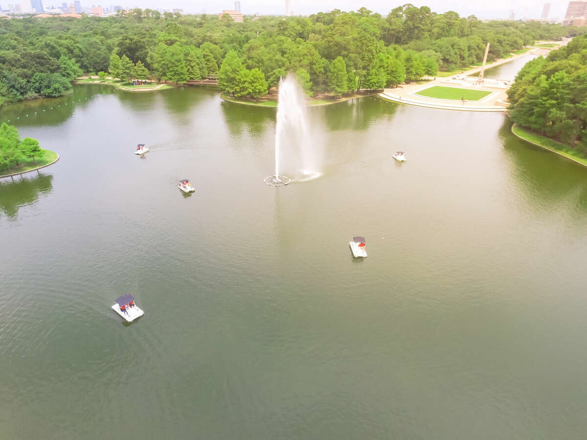 An aerial view of the pedal boat lagoon at Hermann Park in Houston.