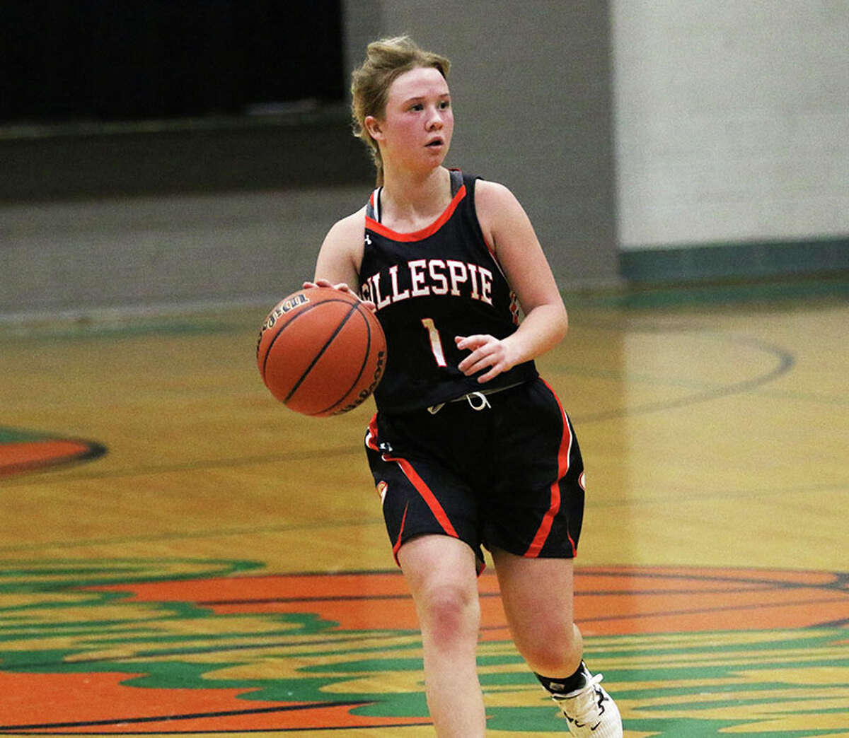 Gillespie's Lauren Bertagnolli, shown in a November game at Carrollton, scored 14 points in the Miners' victory Monday night over Bunker Hill.