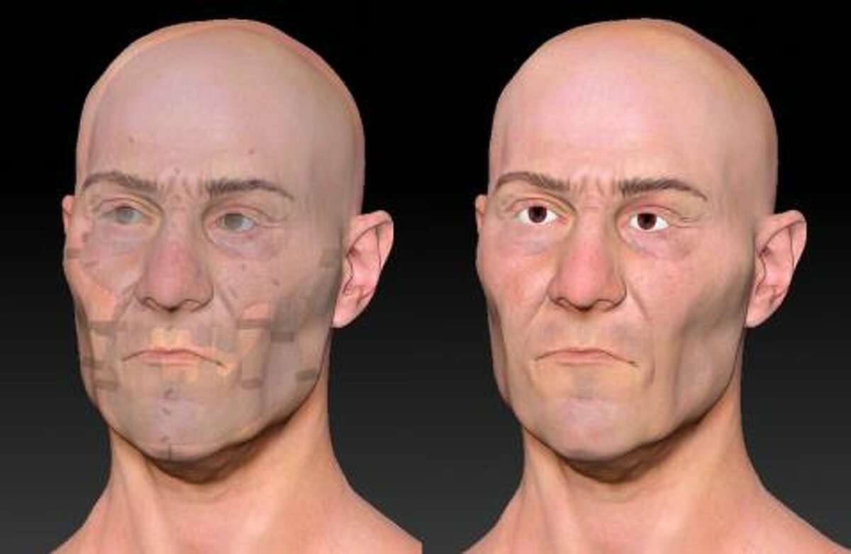 Comparison images of color facial reconstruction with transparent version showing skull and tissue depth markers (left).
