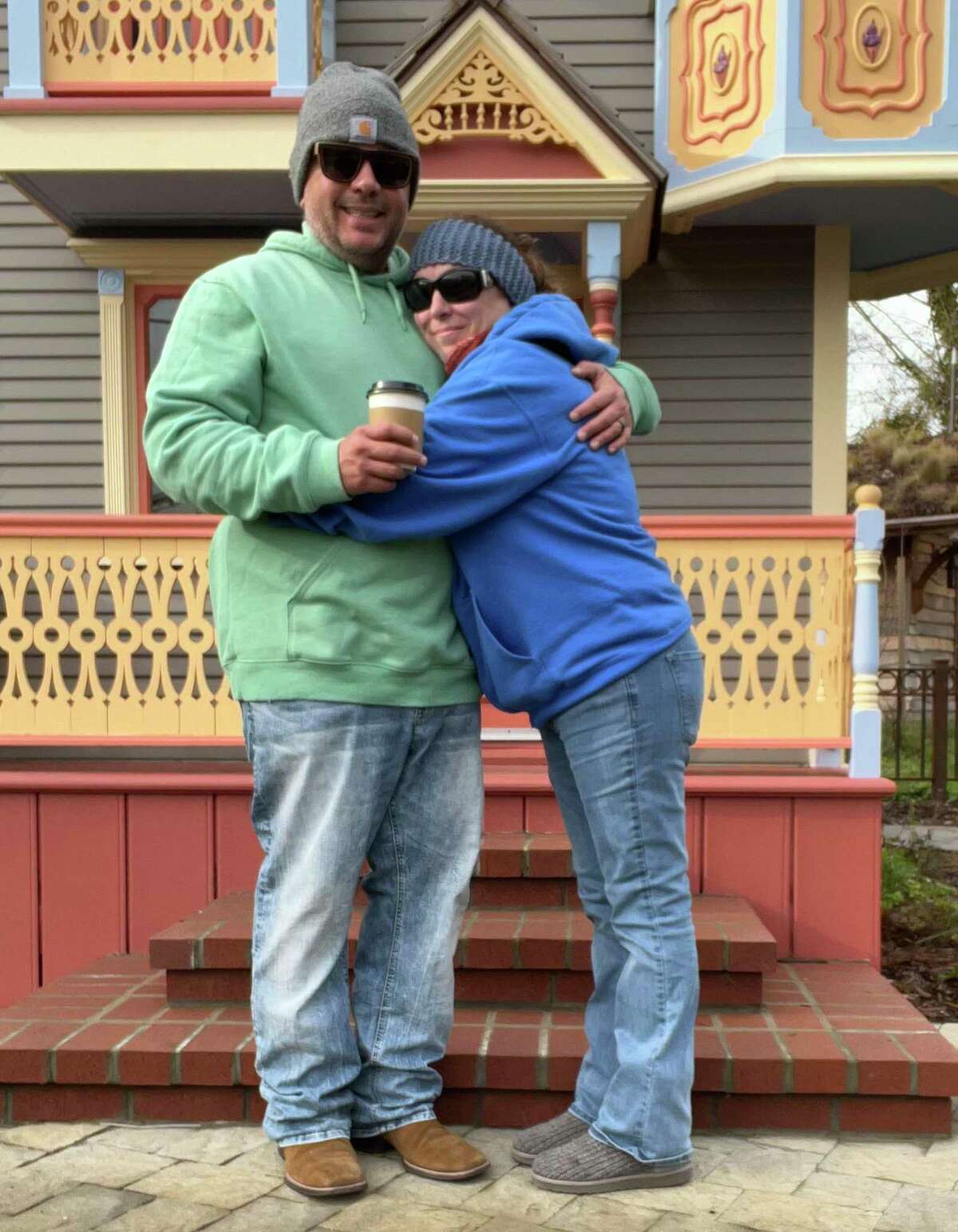 Peter and Larkin O’Leary pose in front of The Gingerbreak Mansion in Ferndale, where they were celebrating their 12th anniversary, hours before a 6.4-magnitude earthquake hit off the coast of Humboldt County.