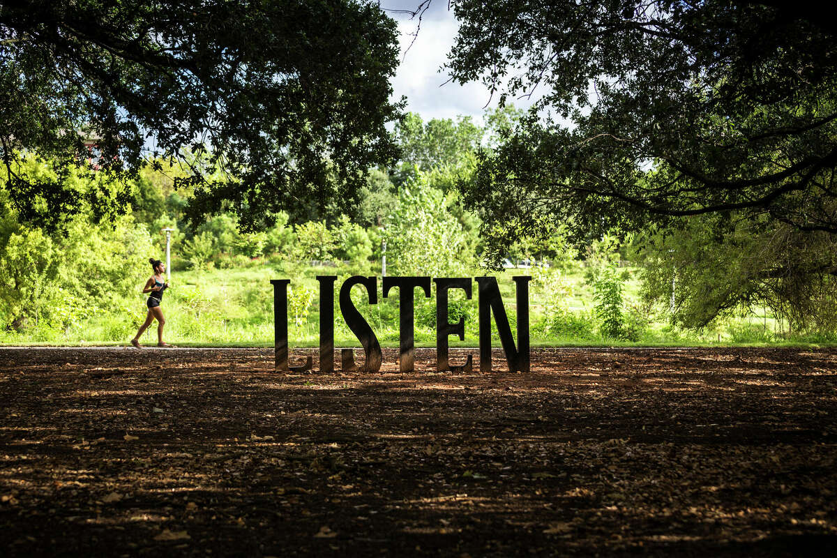 Public art by Houston artist Anthony Shumate in Buffalo Bayou Park in Houston, Texas.