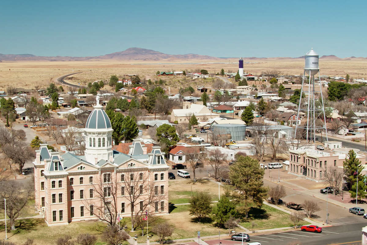 Aerial view of Marfa, Texas on a clear sunny day.