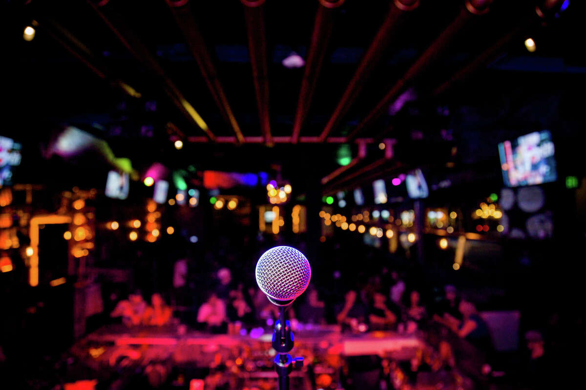 Microphone on stage at a comedy show.
