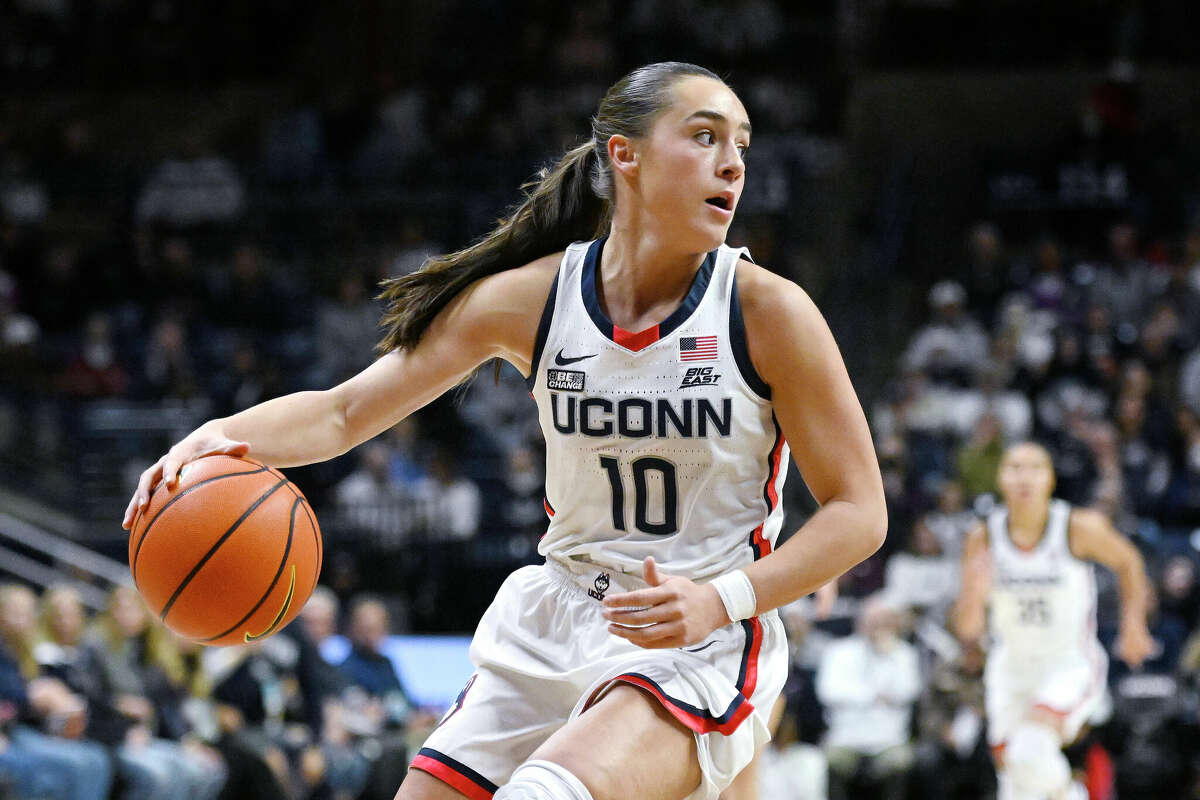 Connecticut's Nika Muhl (10) in the first half of an NCAA college basketball game, Friday, Dec. 2, 2022, in Storrs, Conn. (AP Photo/Jessica Hill)