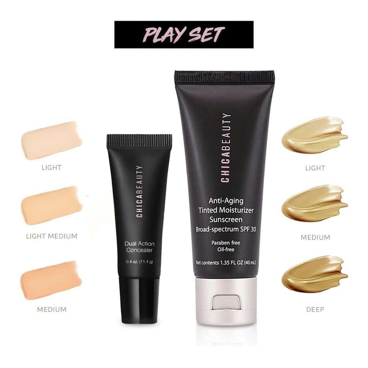 The San Antonio-based cosmetics line, Chica Beauty, offers special makeup sets such as the Play Set ($45), which includes a dual action concealer and 3-in-1 anti-aging tinted moisturizer sunscreen.