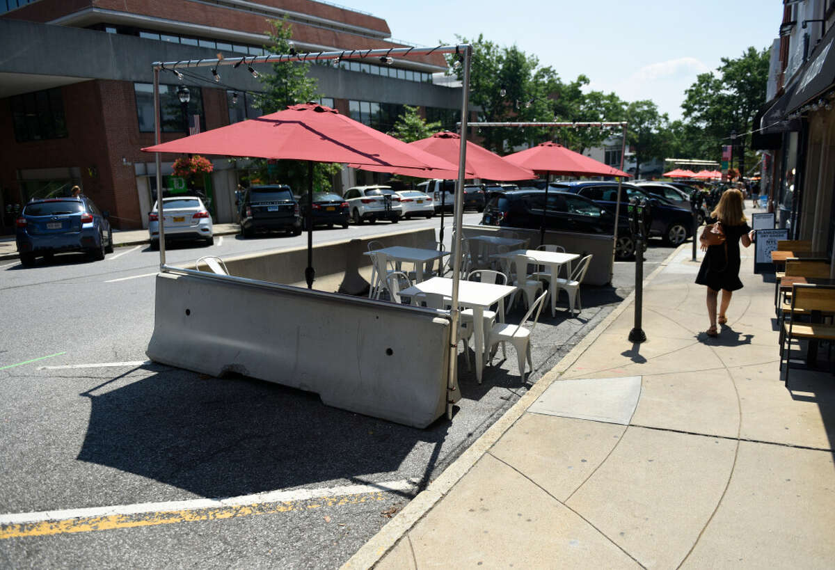 Outdoor dining outside La Taqueria along Greenwich Avenue in Greenwich, Conn. Thursday, Aug. 4, 2022. The 2023 outdoor dining program will run from April to Novemeber.