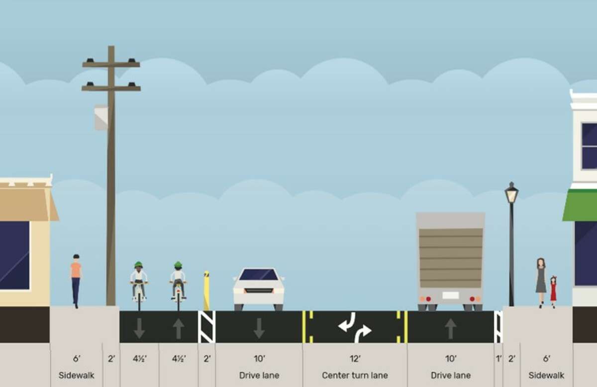 A design from the town of West Hartford shows the recommended option for implementing protected bike lanes on New Park Avenue. 