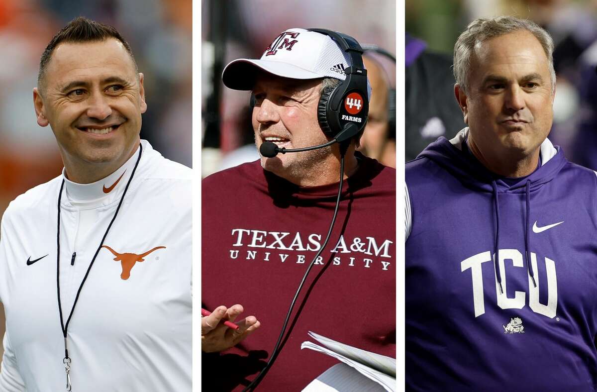 Texas' Steve Sarkisian (left), Texas A&M's Jimbo Fisher (center) and TCU's Sonny Dykes (right) have the top three recruiting classes in the state so far in the Class of 2023.