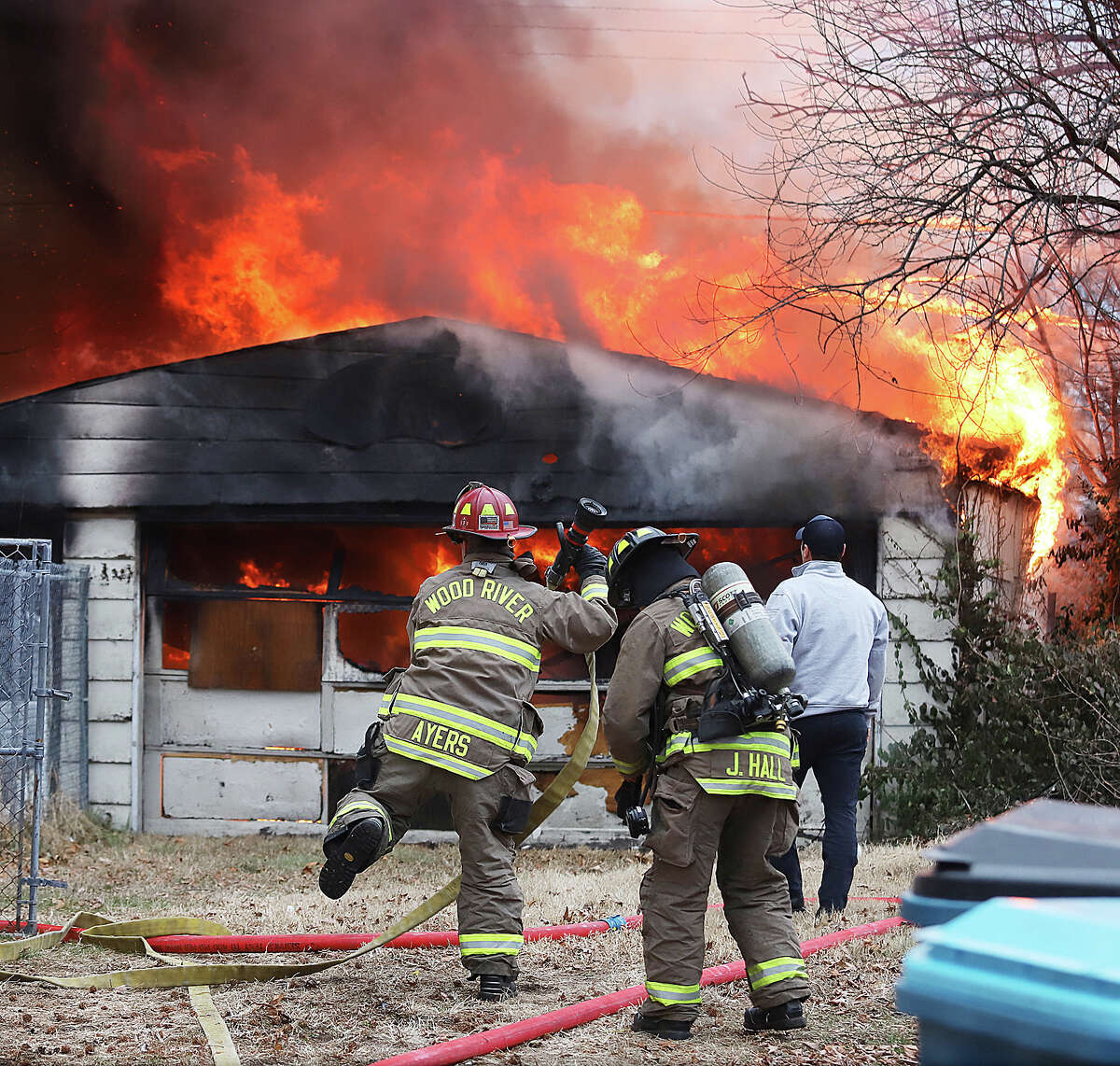 Four departments fought a garage fire in Wood River Wednesday afternoon. No injuries were reported.