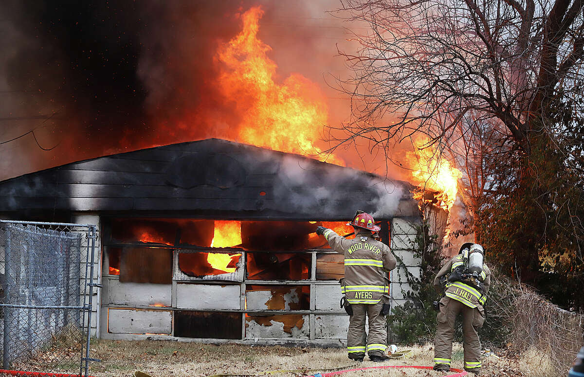 A large detached garage in Wood River was destroyed by fire Wednesday afternoon.