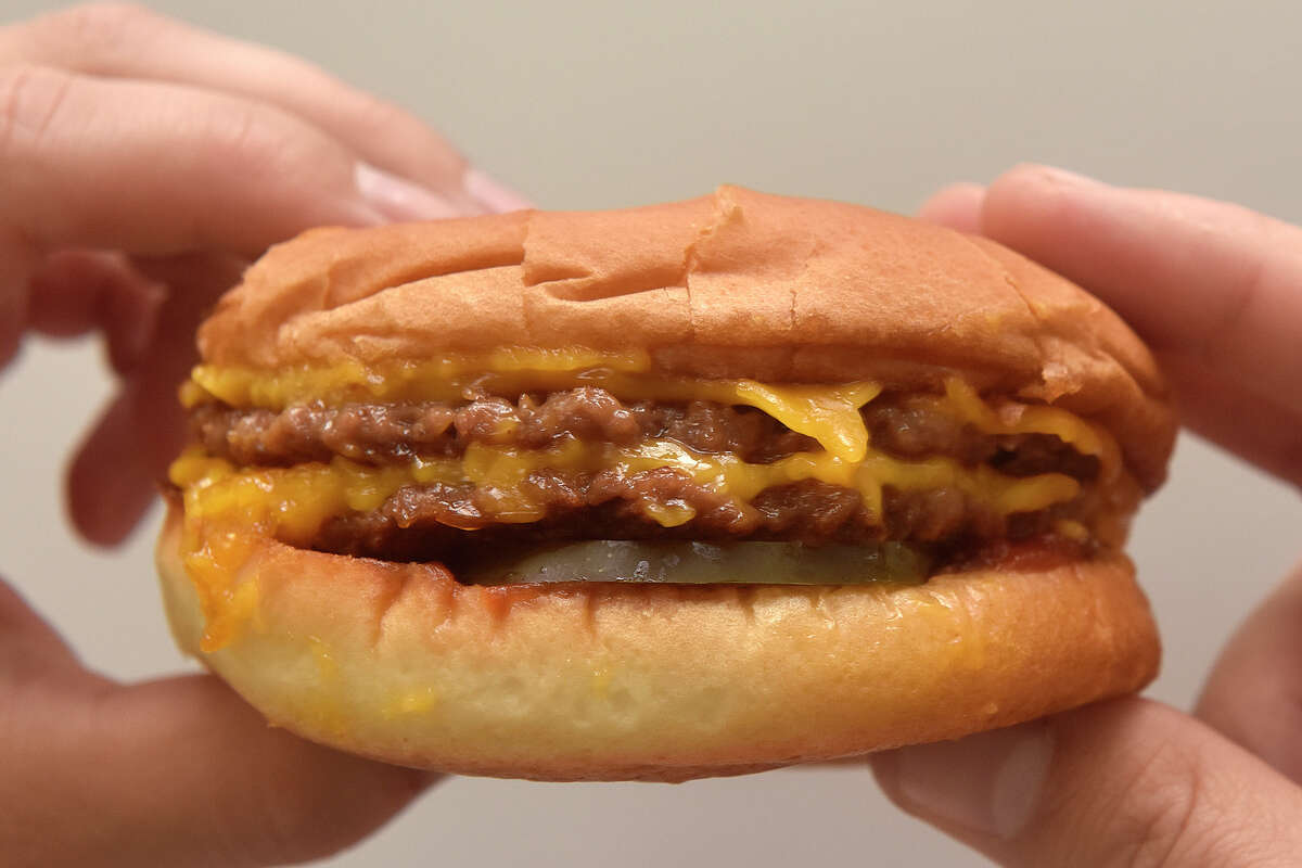 A double cheeseburger from Mr. Charlie's, a new plant-based fast food restaurant in San Francisco and Los Angeles. 