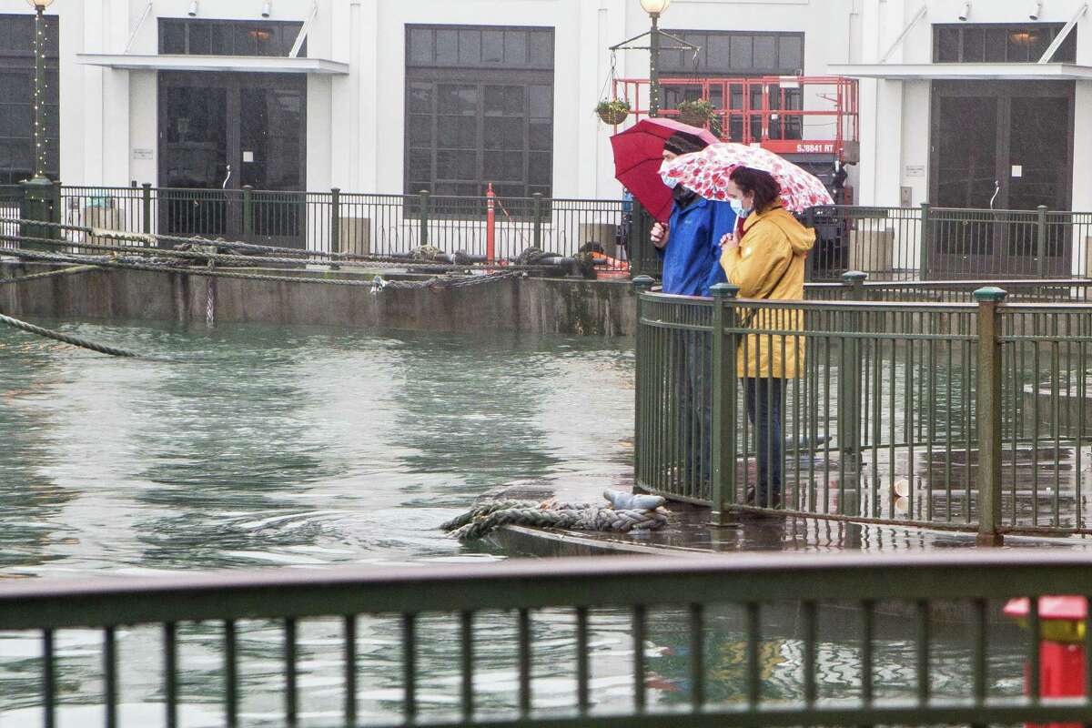 马歇尔·蔡斯和朱莉·穆勒在2020年12月13日星期日在旧金山冒着雨检查国王潮期间的高水位。