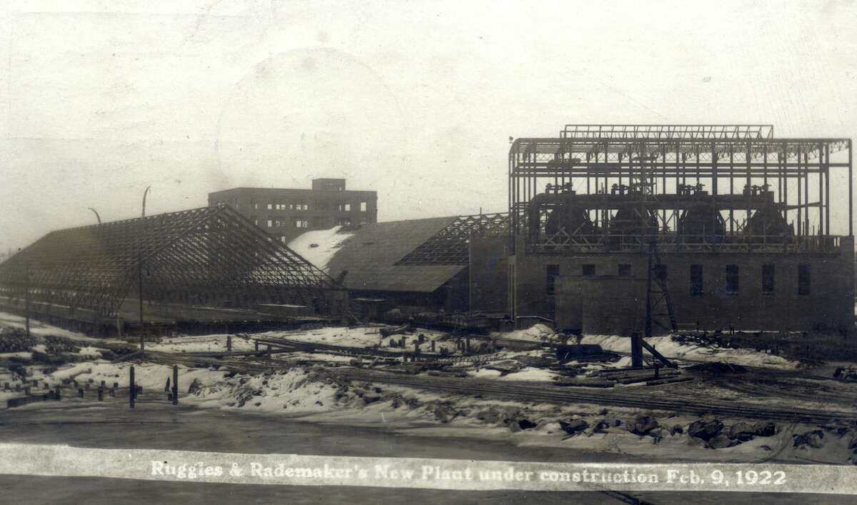 A view of the Ruggles and Rademaker salt factory under construction. The photo was taken on Feb. 9, 1922.